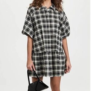 NWT Jonathan Simkhai Standard Crissy Plaid Mini Dress Black White Size Large